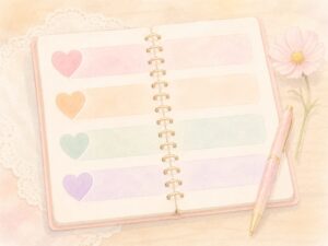 パステルカラーのノートに4つのハートマーク。優しいステップが記載。可愛いペンと一輪の花。