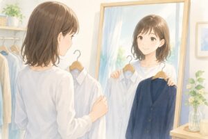 清潔感のある白いシャツやネイビーのカーディガンを手に取り、鏡の前で微笑む女性
