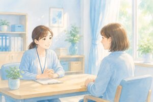 タブレットやスマホの音声認識アプリを使って、話している支援員と利用者の女性