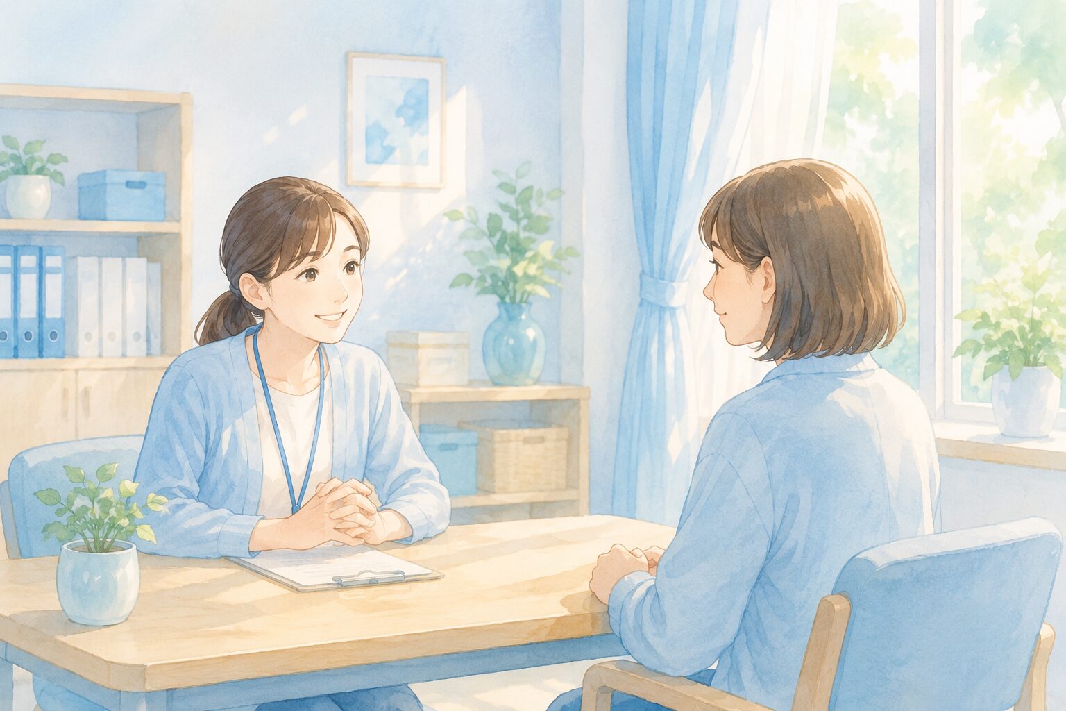 タブレットやスマホの音声認識アプリを使って、話している支援員と利用者の女性
