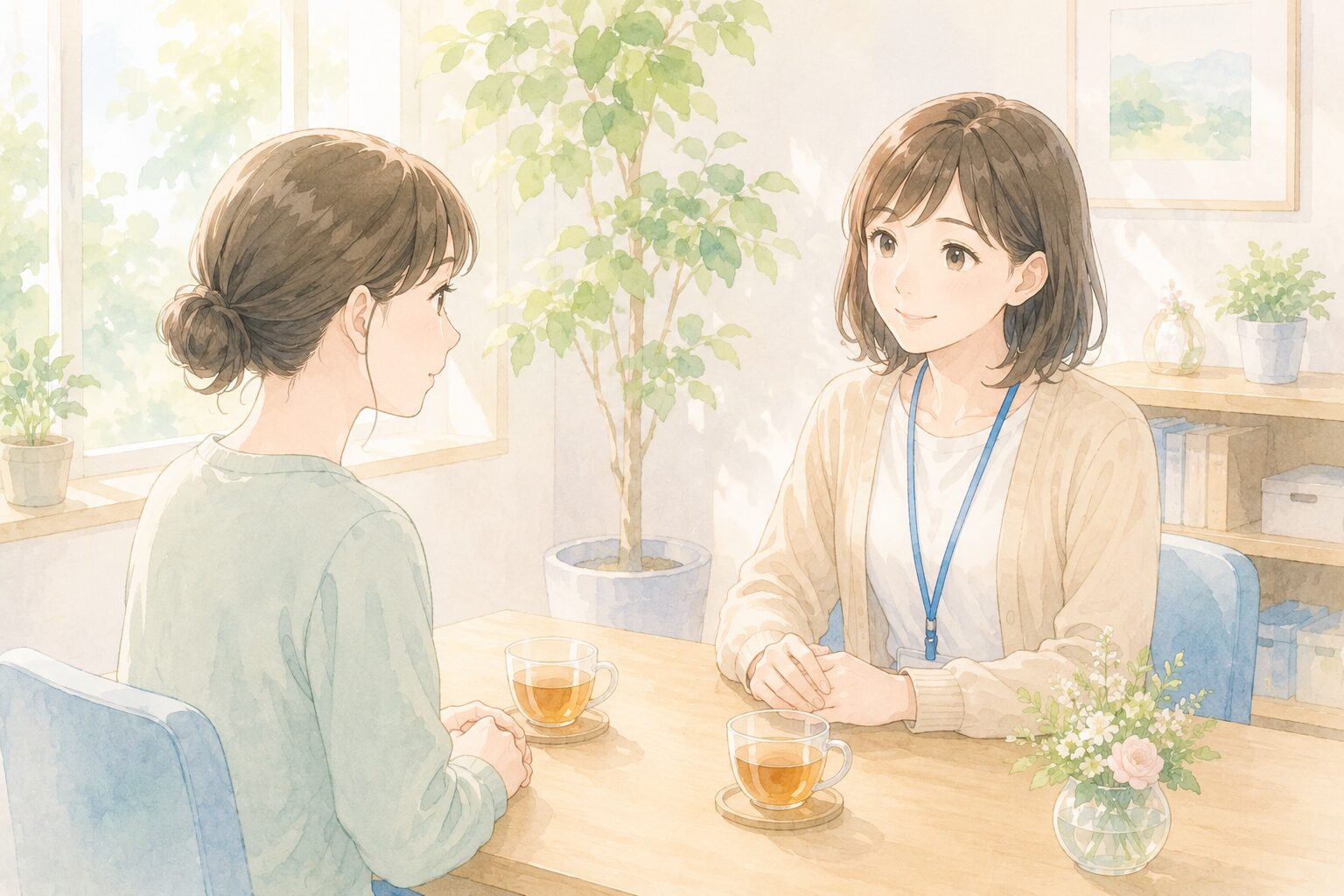 柔らかな日差しが差し込む明るい相談室で、スタッフと利用者が温かいお茶を前にして、穏やかな表情で向き合っている支援員と利用者の女性
