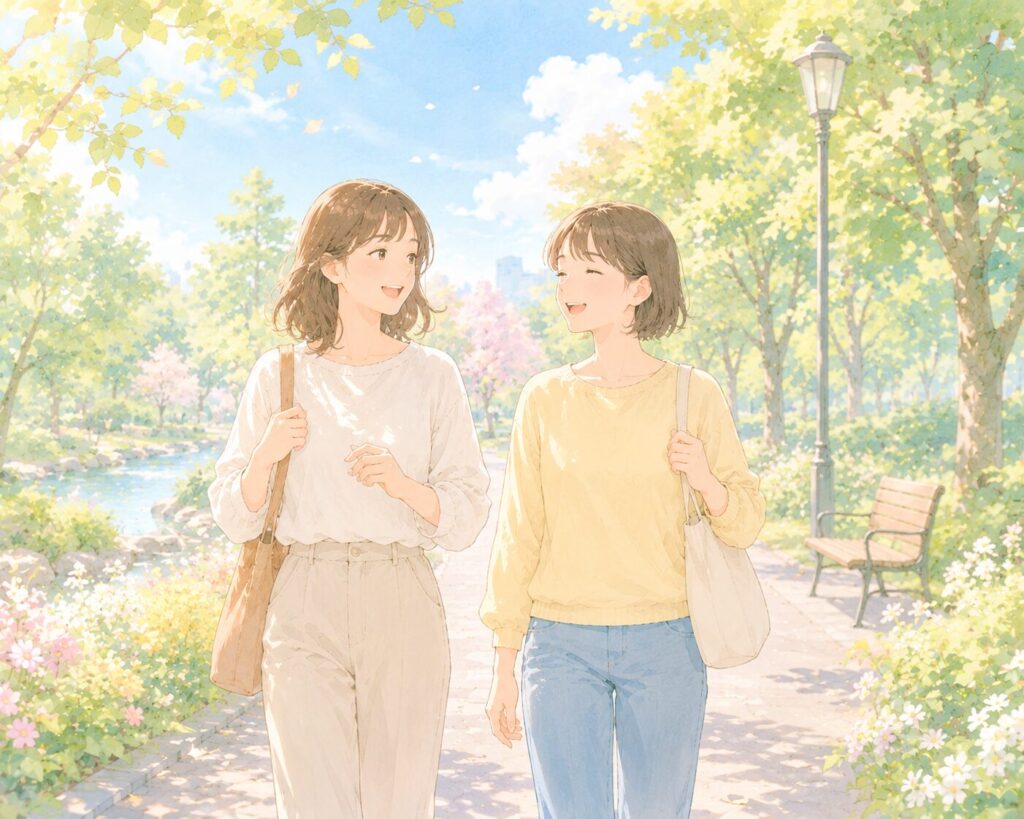 二人の人物が並んで歩きながら、にこやかに会話をしている2人の女性