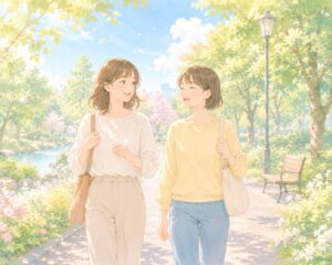 二人の人物が並んで歩きながら、にこやかに会話をしている2人の女性