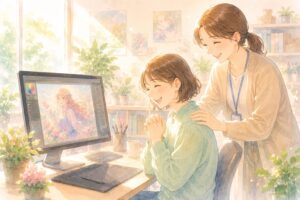 デジタルイラストを画面越しに見て、嬉しそうに微笑む人と、その背中を優しく支えるようなスタッフと利用者の女性