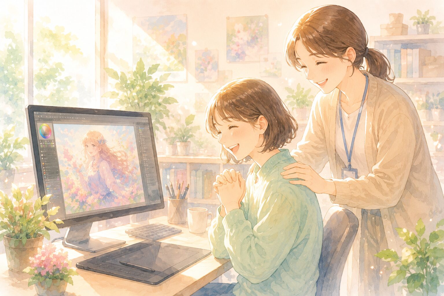 デジタルイラストを画面越しに見て、嬉しそうに微笑む人と、その背中を優しく支えるようなスタッフと利用者の女性