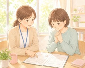 支援員と利用者が机に履歴書を広げ、優しく相談し合っている様子