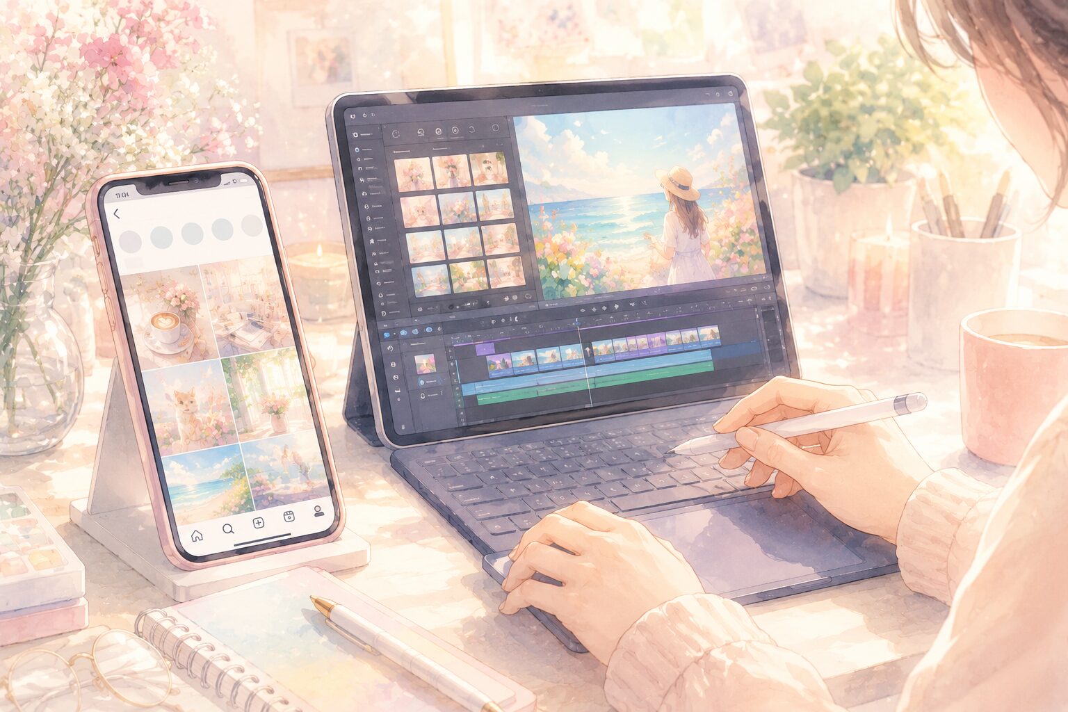 スマートフォンの画面の中に映る、おしゃれなSNS投稿画像や楽しそうな動画の編集画面。それを作っている利用者