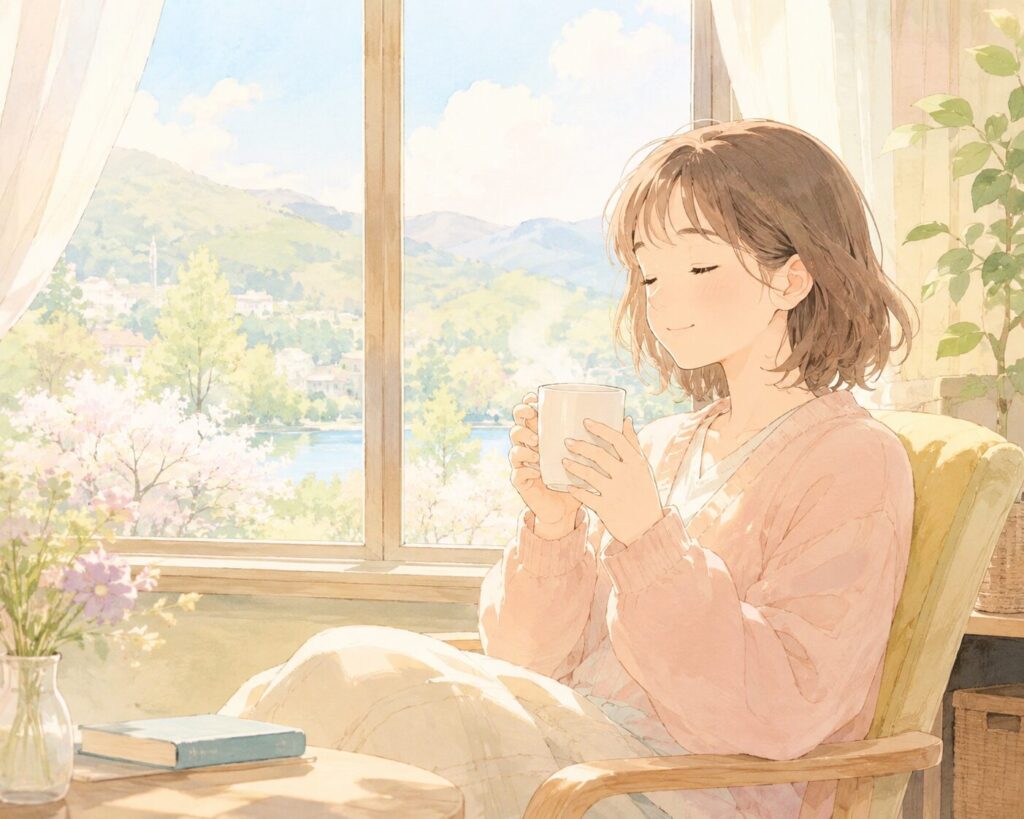 窓から柔らかな日差しが差し込む部屋で、温かい飲み物を持ちながらホッと一息つく女性