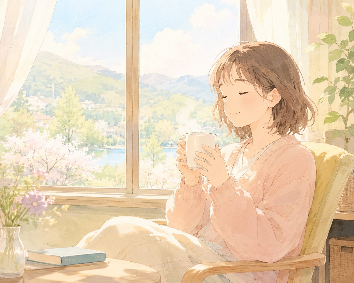窓から柔らかな日差しが差し込む部屋で、温かい飲み物を持ちながらホッと一息つく女性