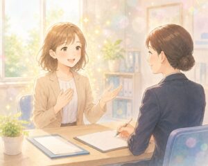 利用者がハキハキと話し、採用担当者が笑顔で頷いている