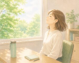 人物が窓の外の緑を見ながら、ゆっくりと深呼吸をして気分をリセットしている女性