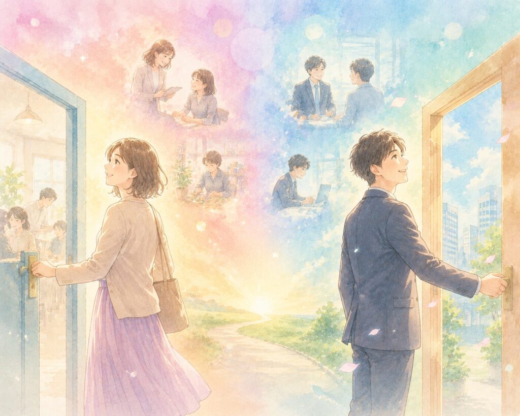 男女が、それぞれA型事業所をきっかけに自信を取り戻し、笑顔で新しい扉を開けていく
