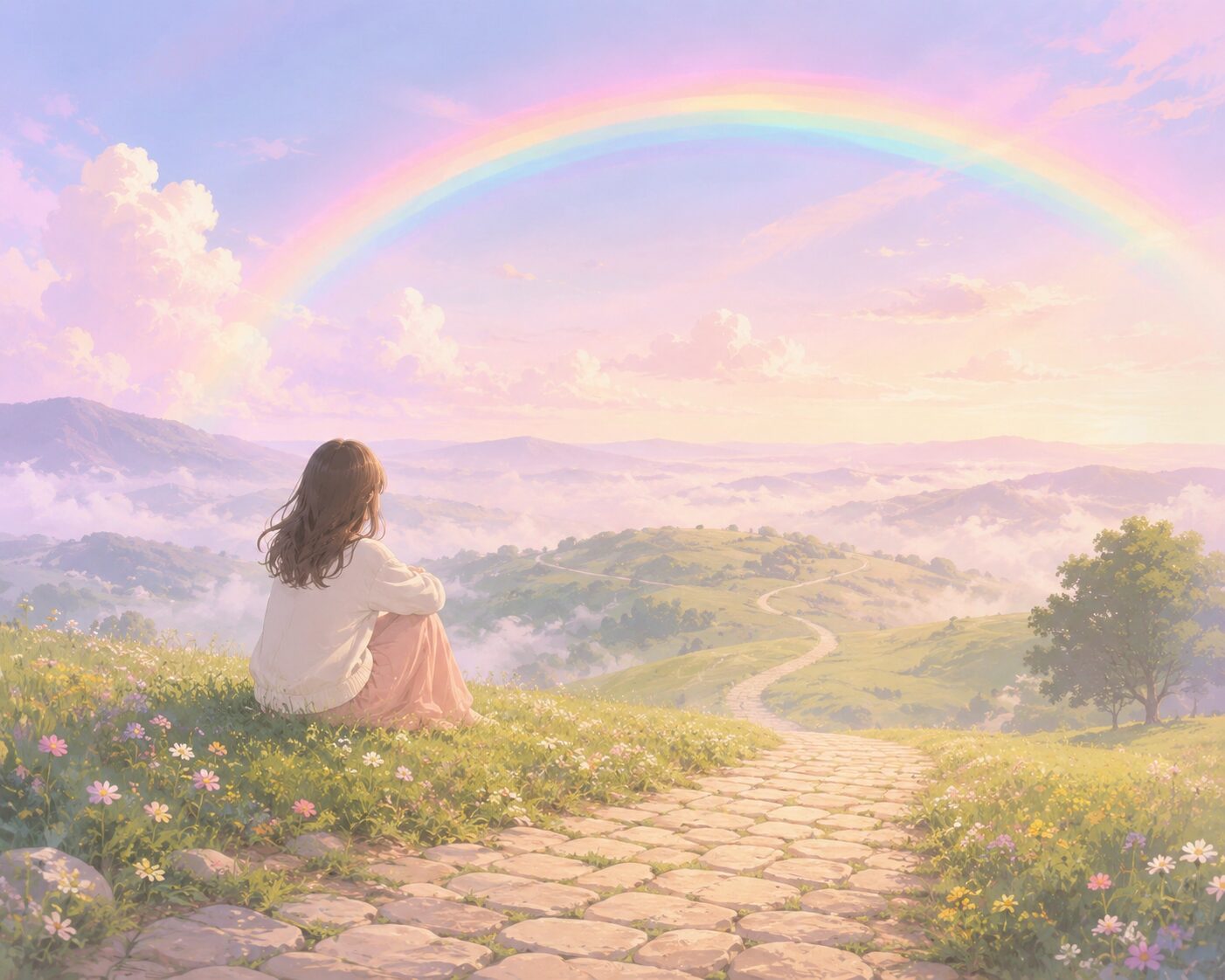 虹がかかった空の下、丘の上から遠くの道を穏やかに眺めている女性