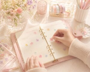 手帳に小さな花のシールを一つずつ丁寧に貼っている手