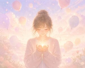両手で温かい小さな光を優しく包み込み、そっと微笑んでいる女性
