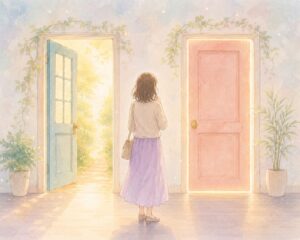 二つの異なる扉(オープンとクローズ)の前に立つ女性