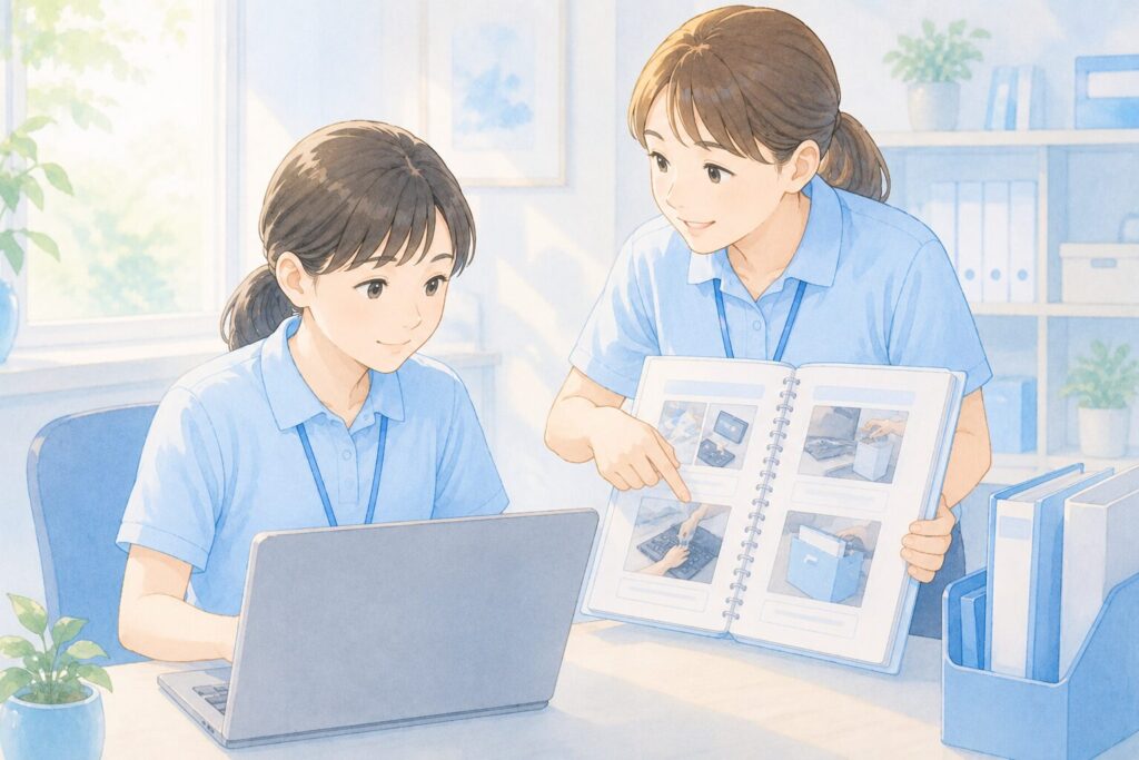 制服を着た人がパソコンに向かって集中している。支援員が写真入りのマニュアルを指し示している利用者の女性と支援員