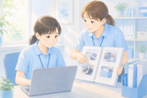 支援員が写真入りのマニュアルを指し示している利用者の女性と支援員