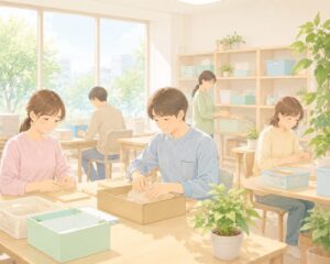 明るく開放的な作業スペースで作業する数人の利用者