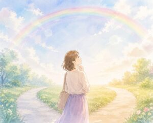 一人の女性が「書く」と「書かない」という二つの道の前で、希望に満ちた空を見上げている