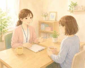 スタッフと利用者の女性がテーブルを挟んで座り、リラックスした表情で対話している様子。