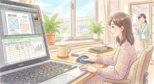 パソコン作業をする女性と支援員