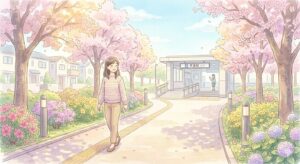 桜並木を歩く女性