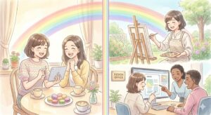 虹と笑顔の女性