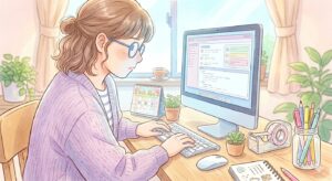 卓上カレンダーを見ながら、通院日の予定を書き込んでいる女性