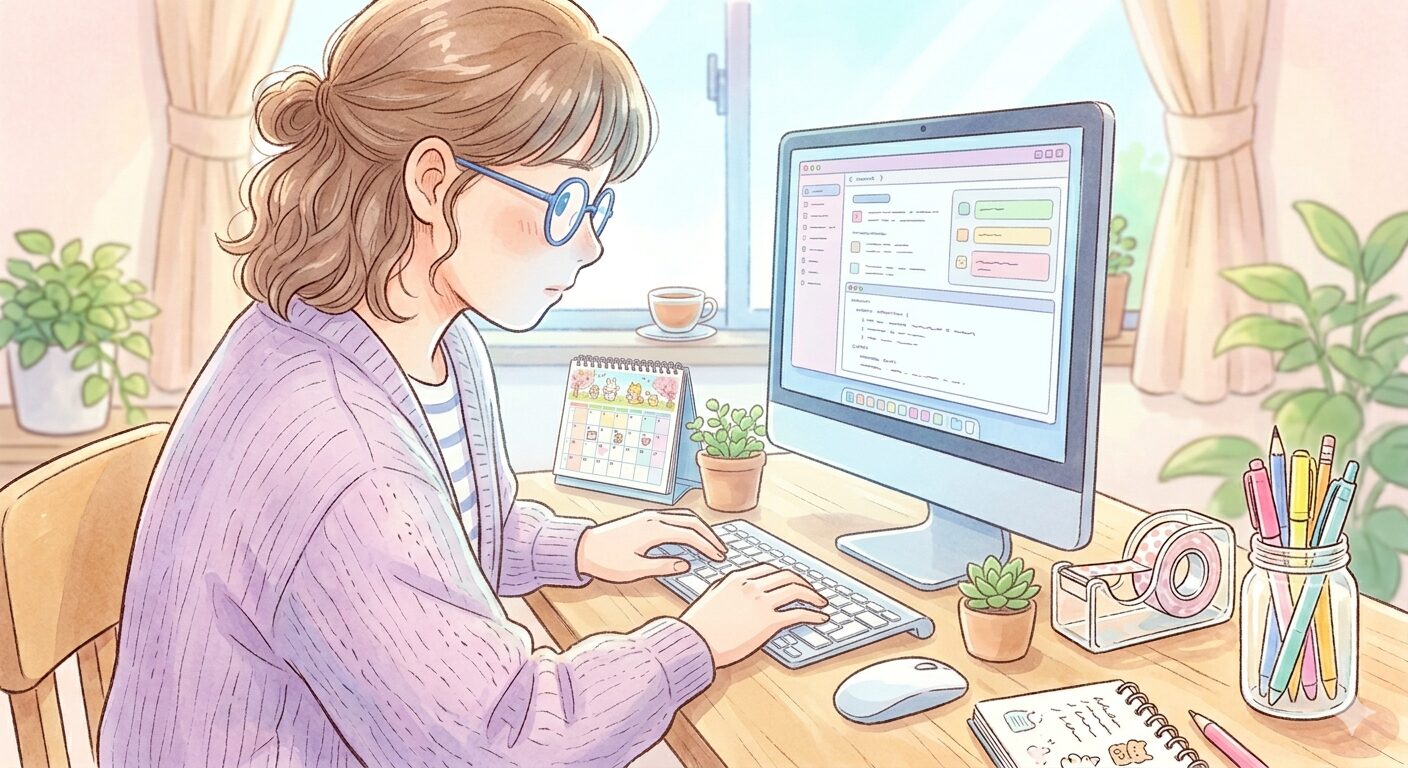 卓上カレンダーを見ながら、通院日の予定を書き込んでいる女性