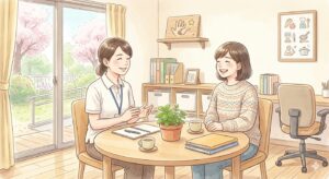 支援員と女性の利用者が話す様子