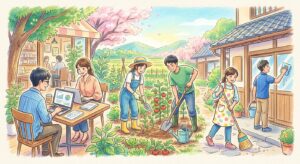 様々な作業をする男女