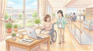 車椅子の女性と支援員が事業所で作業する様子