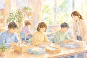 事業所で作業をする利用者と支援員