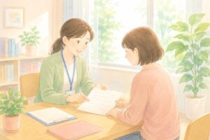 説明をする支援員と女性