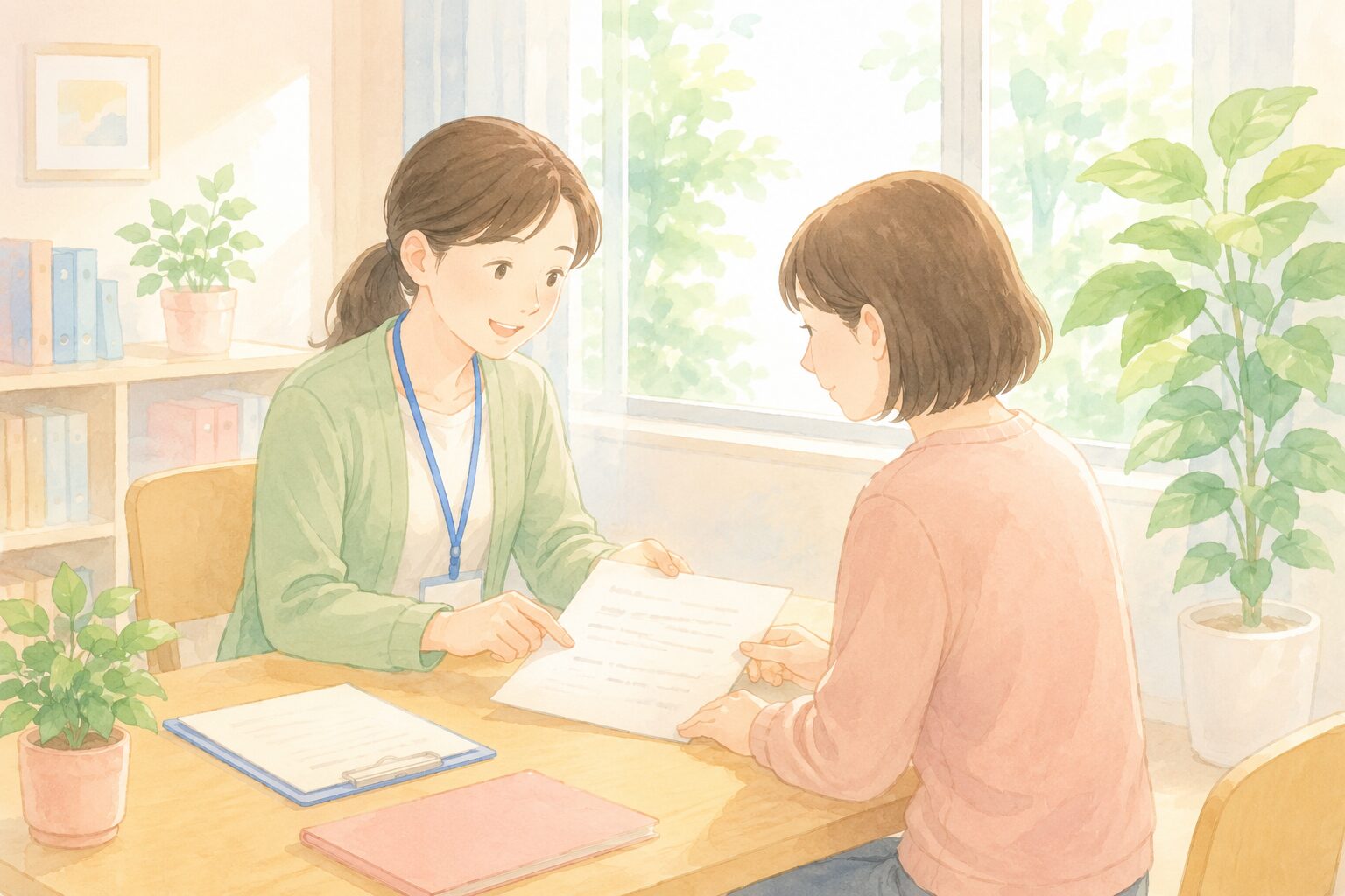 説明をする支援員と女性