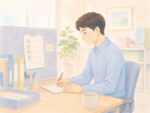 デスクにチェックリストを貼り、一つずつ丁寧に作業をこなしている男性
