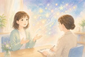 支援員に話す利用者の女性
