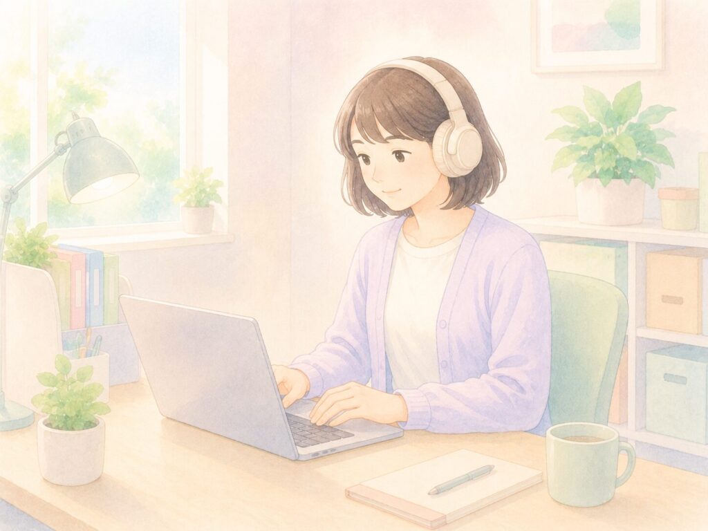 ノイズキャンセリングイヤホンをつけ、穏やかな表情の女性