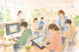 明るい光が差し込む広々としたオフィスで、パソコンやペンタブレットを使いながら、穏やかな表情で制作に取り組む人々と、それを優しく見守る支援員