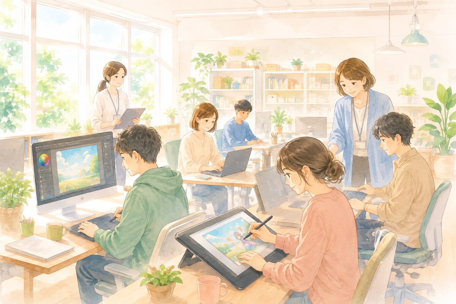明るい光が差し込む広々としたオフィスで、パソコンやペンタブレットを使いながら、穏やかな表情で制作に取り組む人々と、それを優しく見守る支援員