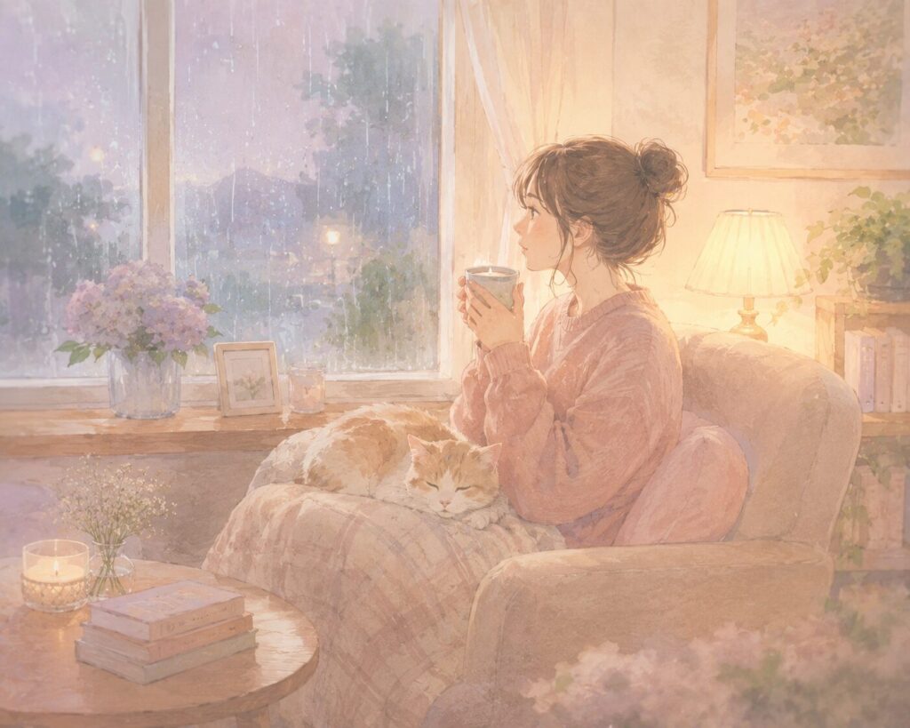 雨の降る外を窓越しに眺めながら、暖かい部屋で猫と一緒にゆっくり過ごす女性