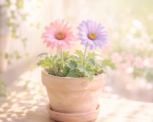 柔らかな光の中で、二つの異なる色をした美しい花が同じ植木鉢の中で寄り添って咲いている様子