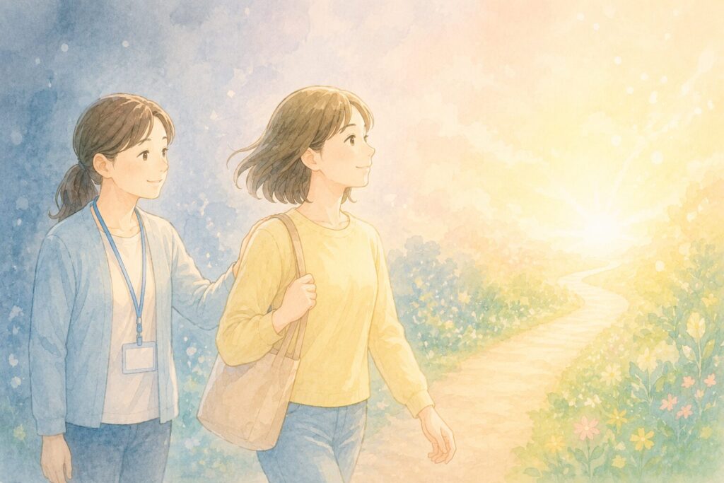 前を歩く利用者と支援員