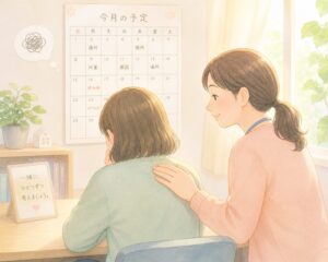 悩む利用者の女性に手をさしのべる支援員