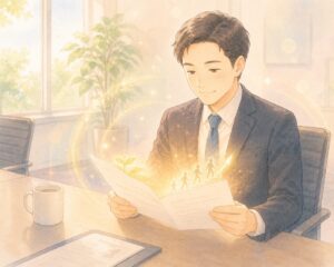 採用担当者の男性が履歴書を見ながら、優しく穏やかな表情で安心している様子。