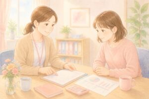 利用者に説明をする支援員の女性