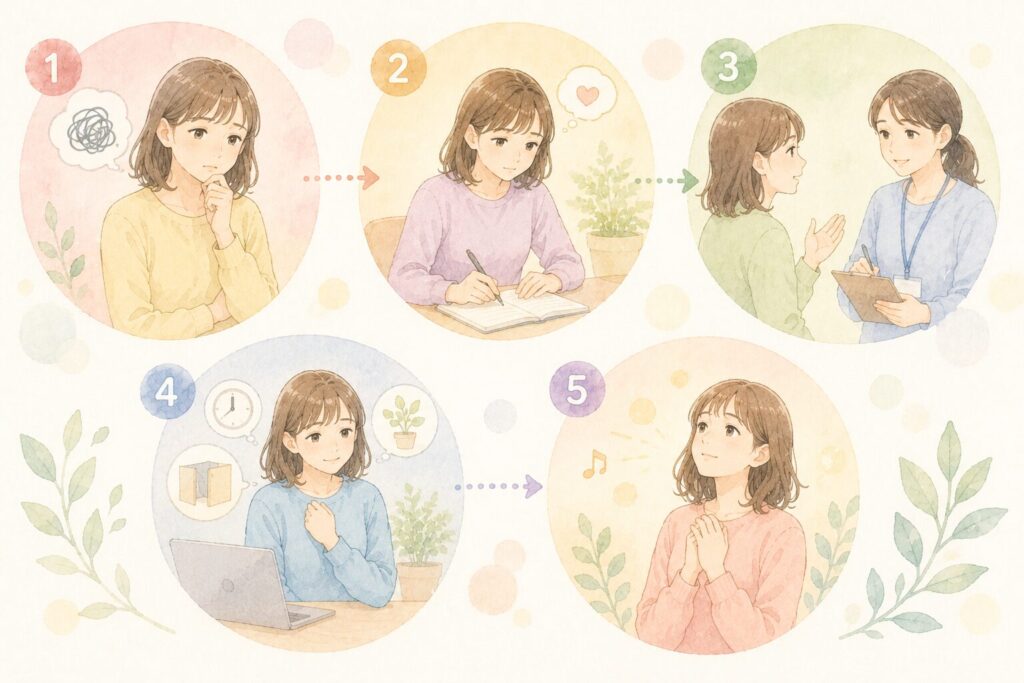 ステップを考える女性