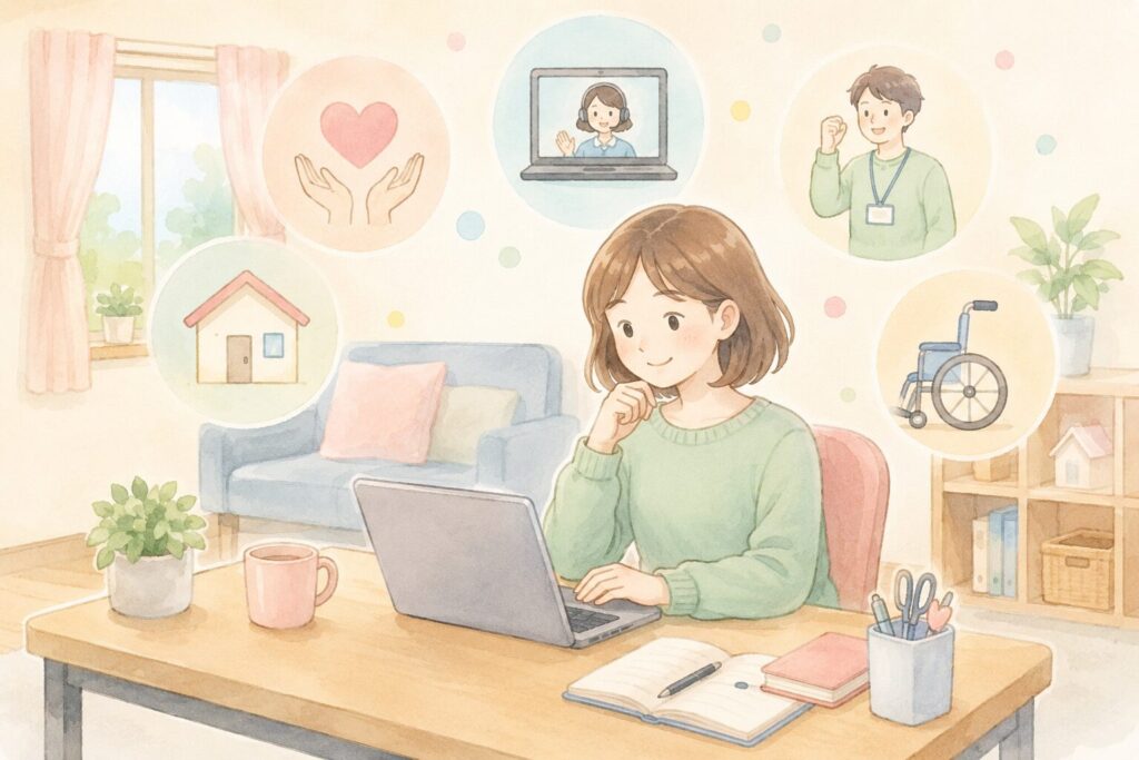 パソコンを見て考える女性