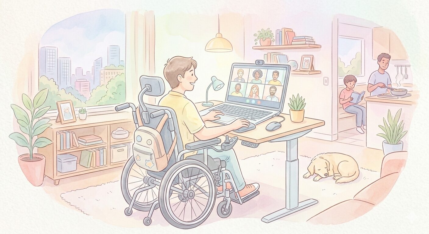 車椅子で在宅で仕事をする男性